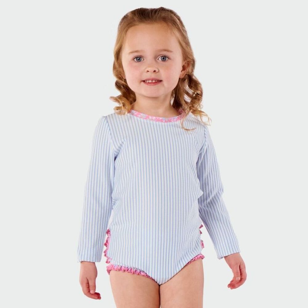 Toddler Girls' Seersucker Long Sleeve Rash Guard One Piece Swimsuit - Blue 4T